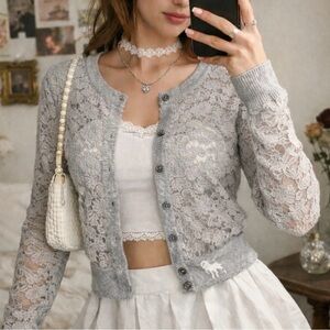 Abercrombie & Fitch Lace Floral Cardigan Gray XS Button Front Romantic Y2K
